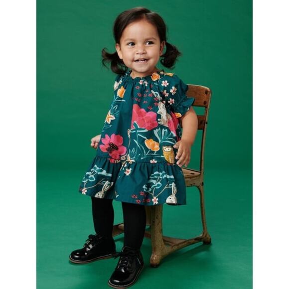 NWT Tea Collection Puff Sleeve Baby Easter Dress Forest Floral In Green 6-9m